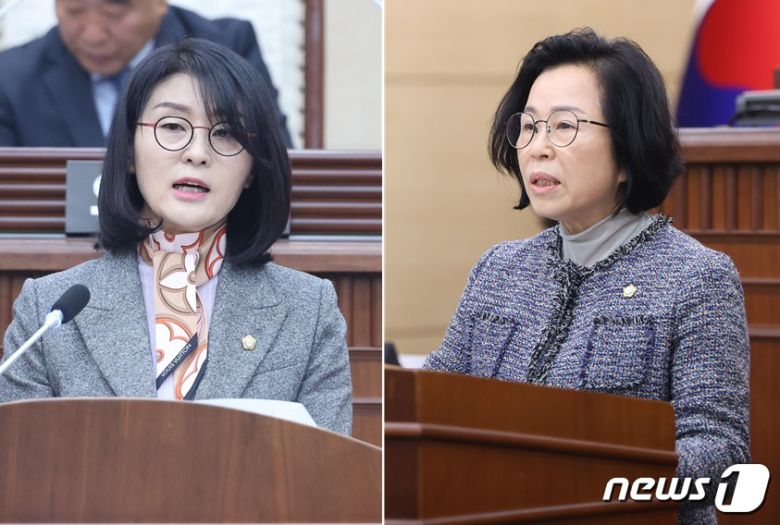 계룡시의회 ‘제170회 정례회 2차 본회의’에서 김미정 의안심사특별위원회 위원장(왼쪽)과 최국락 예산결산특별위원회 위원장이 심사 결과를 보고하고 있다. (계룡시의회 제공) /뉴스1