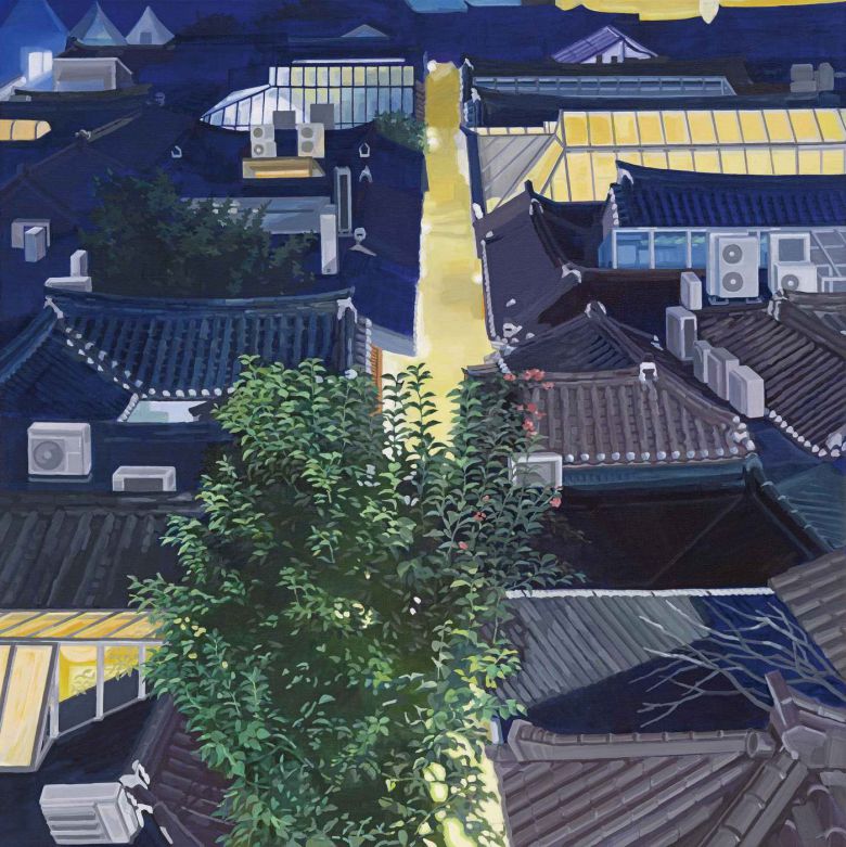 윤정선_지붕들_여름밤, 2023, 캔버스에 아크릴,130.3x130.3cm. 금호미술관 제공.