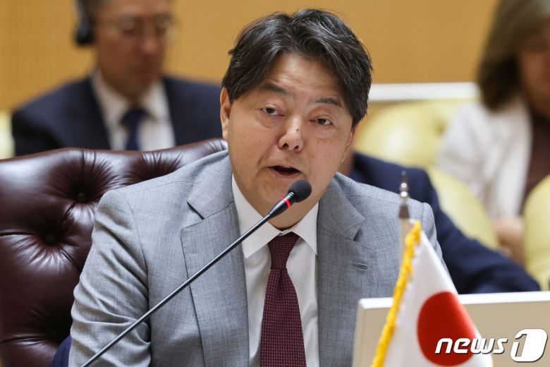 하야시 요시마사 일본 외무상이 7일 (현지시간) 사우디아라비아 리야드에서 열린 일본과 걸프 협력위원회 외무장관 회의에 참석을 하고 있다. 2023.9.8 ⓒ 로이터=뉴스1 ⓒ News1 우동명 기자