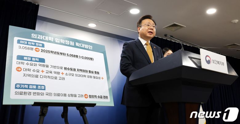 조규홍 보건복지부 장관이 6일 서울 종로구 정부서울청사에서 의과대학 입학정원 확대 방안에 대해 발표하고 있다. 2024.2.6/뉴스1 ⓒ News1 박지혜 기자