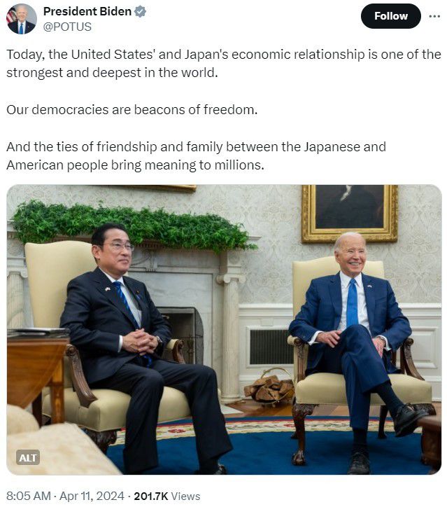 11일(현지시간) 미국 워싱턴 백악관에서 마주 앉은 기시다 후미오 일본총리(좌)와 조 바이든 미국 대통령(우)의 사진 갈무리. (출처 : PresidentBiden X계정) 2024.04.11/