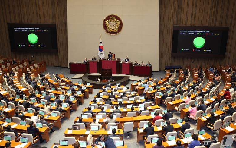 2일 서울 여의도 국회에서 열린 제414회국회(임시회) 제1차 본회의에서 10·29 이태원 참사 피해자 권리 보장과 진상규명 및 재발 방지를 위한 특별법이 가결되고 있다. 2024.5.2/뉴스1 ⓒ News1 송원영 기자