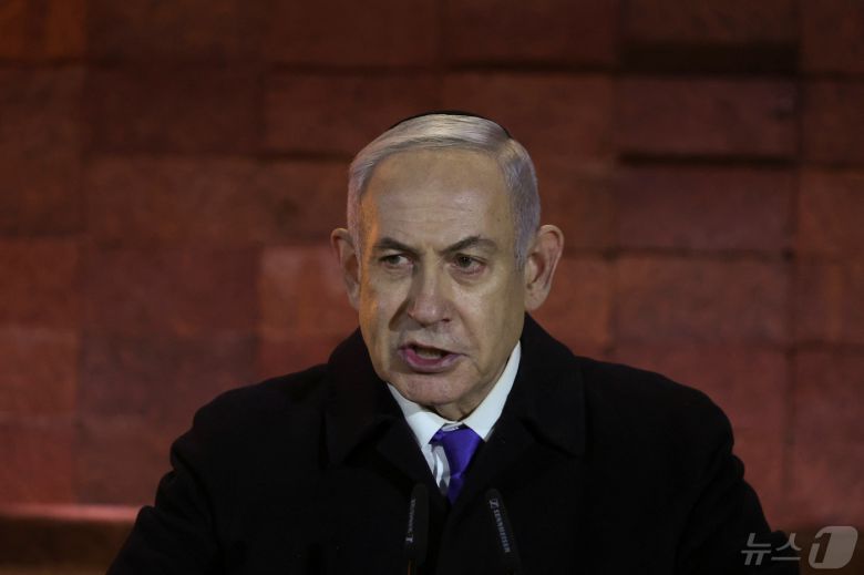 5일(현지시간) 예루살렘에서 열린 세계 홀로코스트 추모의 날 기념식에서 베냐민 네타냐후 이스라엘 총리가 개막 연설을 하고 있다. 2024.05.05/ ⓒ 로이터=뉴스1 ⓒ News1 권진영 기자
