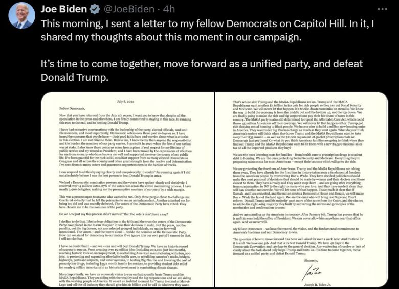 조 바이든 미국 대통령이 자신의 엑스(X·옛 트위터)에 민주당 상·하원 의원들에게 보낸 서한을 공개했다. 사진은 바이든 대통령 엑스 캡처.