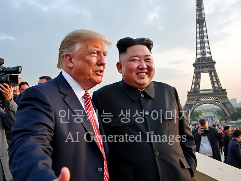 인공지능(AI)으로 생성한 가짜 사진. xAI의 그록-2(Grok-2)에 에펠탑을 배경으로 만난 도널드 트럼프와 김정은 이미지 생성을 요청한 결과. 인공지능 생성 표시 워터마크는 별도로 추가. (Grok-2 mini 생성) 2024.08.18 /뉴스1