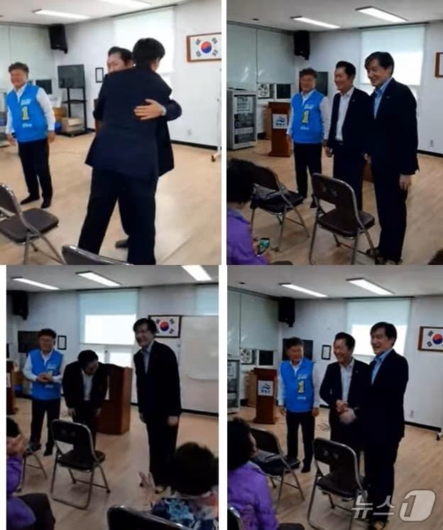 지난 24일 전남 영광 노인대학에서 더불어민주당 장세일 영광군수 후보 지원유세에 나선 정청래 의원이 인사차 찾아 온 조국 조국혁신당 대표를 반갑게 맞이하면서 포옹하고 있다. (유튜브 갈무리)2024.9.28./뉴스1