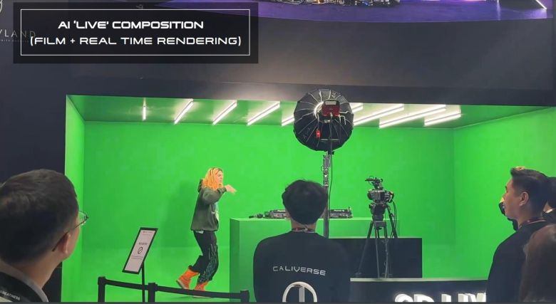 칼리버스는 인물 등을 크로마키 촬영 후 3D 환경에 자연스럽게 혼합시키는 실사 융합기술을 보유했다. 크로마키 촬영 현장 예시.(칼리버스 제공)