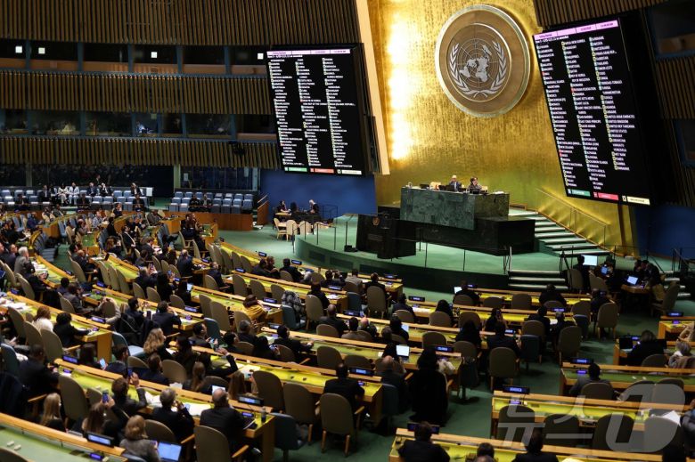 미국 뉴욕의 유엔 본부에서 24일(현지시간) 유엔 총회가 열렸다. 2025.02.24 ⓒ AFP=뉴스1 ⓒ News1 정지윤 기자