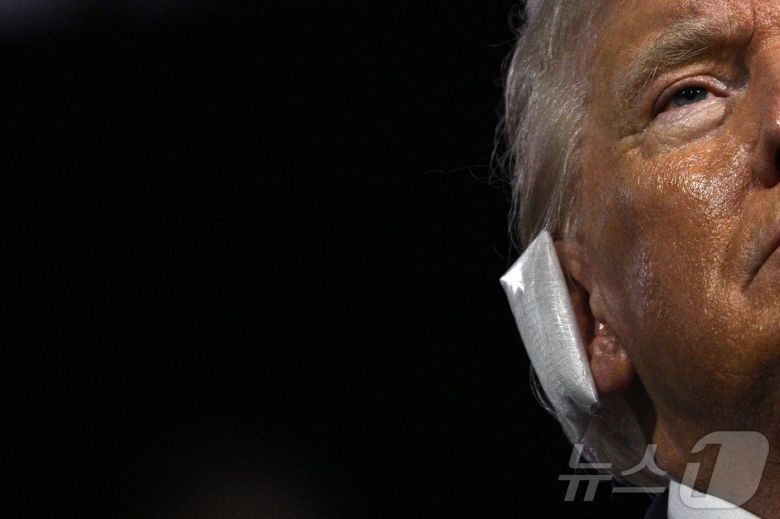 도널드 트럼프 미국 대통령은 대선 당시 암살 시도로 입은 오른쪽 귀 총상에 붕대를 댔다.  ⓒ AFP=뉴스1 ⓒ News1 장시온 기자