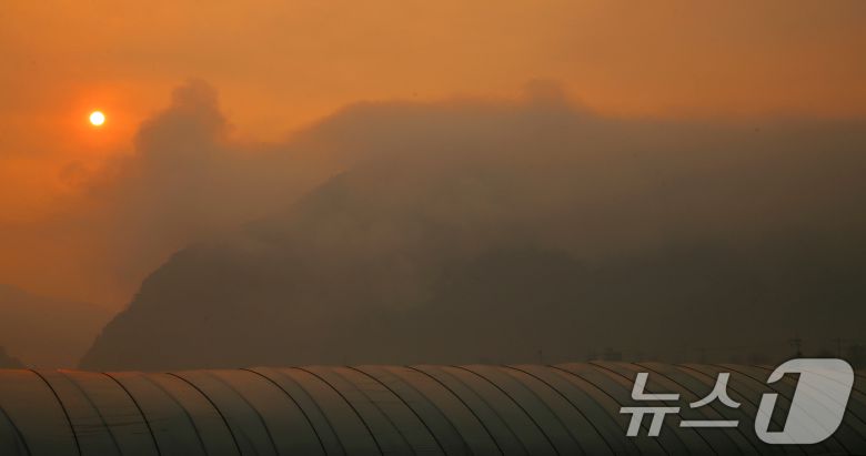 경남 산청 대형 산불이 사흘째로 접어든 23일 오전 산청군 시천면 일대가 산불 연기로 가득하다. 2025.3.23/뉴스1 ⓒ News1 윤일지 기자