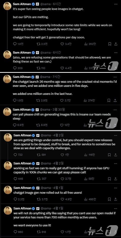 샘 올트먼 오픈AI CEO가 챗GPT-4o 이미지 생성 출시 이후 X를 통해 연일 애니메이션 스타일 변환 기능 관련 게시물을 올리고 있다.. 지난달 27일 프로필 사진을 지브리 스타일 이미지로 교체하며 "우리 GPU가 녹아내리고 있다"고 표현했다. 지난달 30일 "다들 이미지 생성을 쉬어 달라"며 "이건 미친 짓이다. 우리 팀에 수면이 필요하다"고 적었고 31일엔 "단 한 시간 만에 100만 명 이용자가 추가됐다"고 말했다. 지브리 스타일을 자신 회사의 영업적 이익을 위해 적극 활용하는 모습이다.  (X 갈무리)