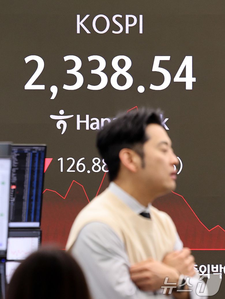 코스피 지수가 장중 2400대 아래로 떨어진 7일 서울 중구 하나은행 본점 딜링룸에서 직원들이 업무를 보고 있다.  2025.4.7/뉴스1 ⓒ News1 박지혜 기자