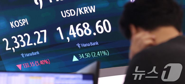 코스피 지수가 장중 2400대 아래로 떨어진 7일 서울 중구 하나은행 본점 딜링룸에서 직원들이 업무를 보고 있다.  2025.4.7/뉴스1 ⓒ News1 박지혜 기자