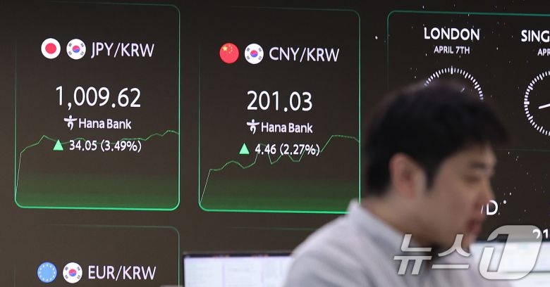 글로벌 관세전쟁 우려에 엔화가 100엔당 1000원을 돌파했다. 7일 서울 중구 하나은행 본점 딜링룸에서 딜러가 업무를 보고 있다. 2025.4.7/뉴스1 ⓒ News1 박지혜 기자