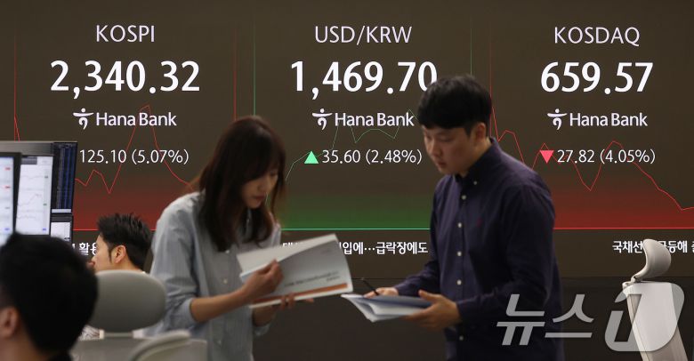 코스피 지수가 장중 2400대 아래로 떨어진 7일 서울 중구 하나은행 본점 딜링룸에서 직원들이 업무를 보고 있다.  2025.4.7/뉴스1 ⓒ News1 박지혜 기자