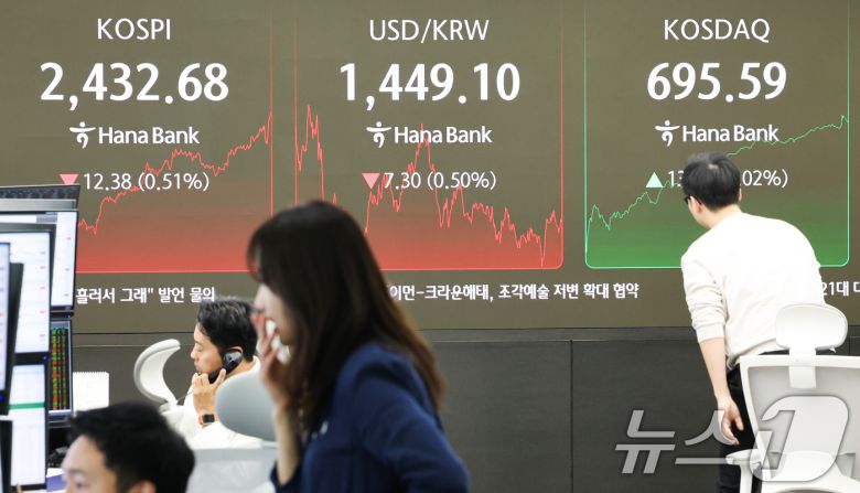 11일 서울 중구 하나은행 본점 딜링룸 전광판에 코스피지수가 전 거래일(2445.06)보다 12.34포인트(0.50%) 하락한 2432.72을 나타내고 있다. 2025.4.11/뉴스1 ⓒ News1 허경 기자