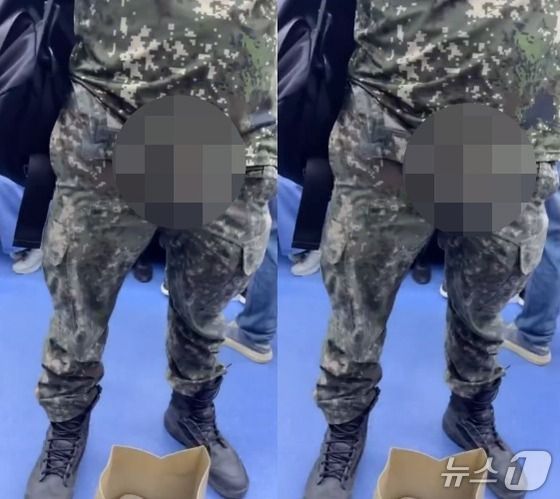 지난 19일 오후 서울지하철 신분당선 열차 안에서 군복을 입은 남성이 신체 중요 부위를 노출하고 있다(X 갈무리)