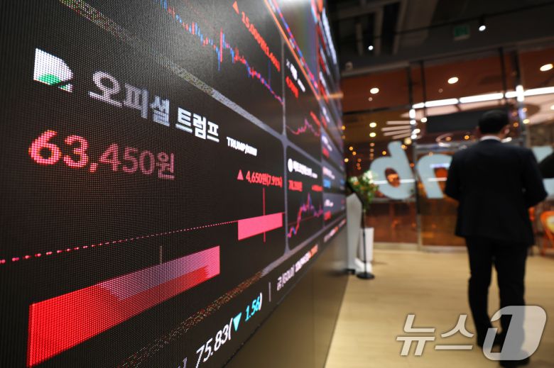 22일 오후 서울 서초구 빗썸라운지 전광판에 도널드 트럼프 미국 대통령이 발행한 밈 코인 '오피셜 트럼프(TRUMP)' 시세가 표시되고 있다. 트럼프 대통령은 지난 17일(미국 현지시간) 밈 코인 '오피셜 트럼프'를 발행했다. 오피셜 트럼프의 시가총액은 출시 직후 130억달러를 넘어섰으나 이날 80억달러 규모로 줄었다. 2025.1.22/뉴스1 ⓒ News1 임세영 기자