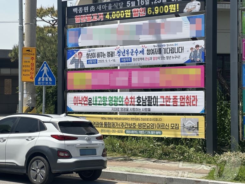 이낙연 새로운미래 상임고문의 고향인 전남 영광의 한 현수막 게시대에 ‘이낙연은 내 고향 영과의 수치, 호남팔이 그만 좀 멈춰라’는 현수막이 내걸렸다.(독자제공. 재배포 및 DB 금지) 2025.5.9/뉴스1