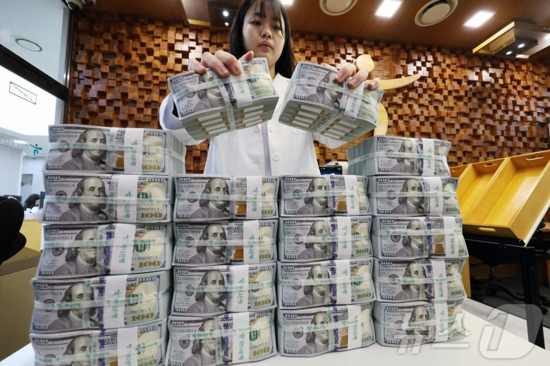 8일 서울 중구 하나은행 위변조대응센터에서 은행 관계자가 달러화를 정리하고 있다.  2025.5.8/뉴스1 ⓒ News1 황기선 기자