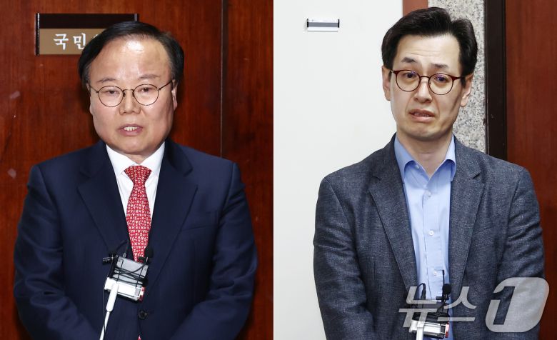 김문수 국민의힘 대통령 후보 대리인인 김재원 비서실장(왼쪽)과 한덕수 무소속 대선 예비후보 대리인인 손영택 전 국무총리 비서실장이 9일 서울 여의도 국회에서 열린 단일화 협상 관련 회동을 마치고 각각 브리핑을 하고 있다. 2025.5.9/뉴스1 ⓒ News1 김민지 기자