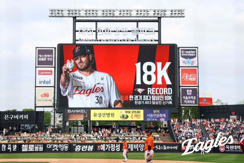 한화 이글스 외국인 투수 코디 폰세가 17일 열린 SSG 랜더스와의 더블헤더 1차전에서 8이닝 동안 삼진 18개를 잡아 역대 KBO리그 한 경기 최다 탈삼진 타이기록을 세웠다. (한화 이글스 제공)