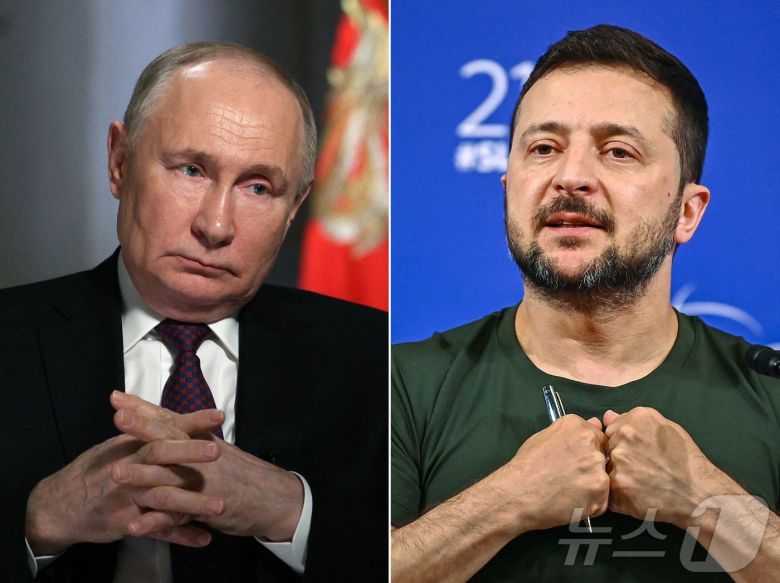 2024년 3월 12일 모스크바 크렘린에서 RIA 노보스티 통신사와 인터뷰 중인 러시아 대통령 블라디미르 푸틴의 모습과, 2024년 6월 2일 싱가포르 샹그릴라 호텔에서 열린 제21회 샹그릴라 대화 정상회의에 참석한 우크라이나 대통령 볼로디미르 젤렌스키의 모습. ⓒ AFP=뉴스1 ⓒ News1 강민경 기자
