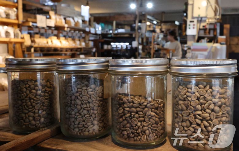 서울의 한 커피 전문점에서 고객들이 커피 원두를 살펴보고 있다. 2025.2.5/뉴스1 ⓒ News1 신웅수 기자