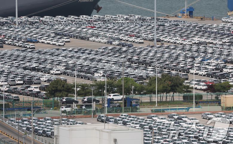 20일 경기 평택시 포승읍 평택항 자동차전용부두에 수출용 차량들이 세워져 있다. 산업통장자원부가 이날 발표한 '2025년 4월 자동차산업 동향'에 따르면 4월 대미 자동차 수출은 28억 9000만 달러로 전년 대비 19.6% 줄었고 1월~4월 대미 누적 수출액은 106억 6100만 달러로 전년 같은 기간 대비 13.6% 줄었다고 발표했다. 전기차 캐즘(Chasm·일시적 수요 정체) 여파로 인한 판매 부진과 지난달 3일부터 시행된 미국의 25% 자동차 품목 관세 여파가 국내 자동차 업계에 본격적인 영향을 미치기 시작한 것으로 보인다. 2025.5.20/뉴스1 ⓒ News1 김영운 기자