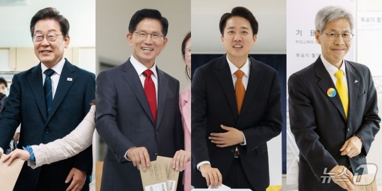 더불어민주당 이재명(왼쪽부터), 국민의힘 김문수, 개혁신당 이준석, 민주노동당 권영국 대통령 후보가 제21대 대통령선거 사전투표 첫날인 29일 투표하고 있다. 2025.5.29/뉴스1 ⓒ News1 안은나 기자