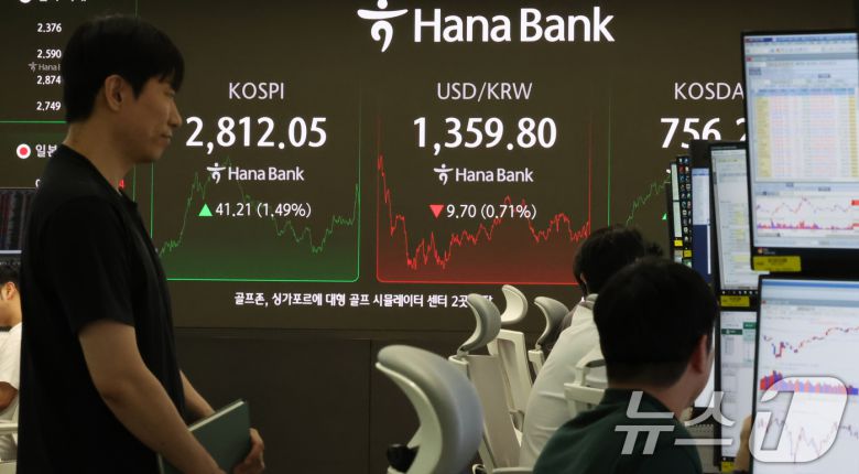 5일 오후 서울 중구 하나은행 딜링룸에 코스피, 코스닥 종가와 환율 시황이 표시되고 있다.   2025.6.5/뉴스1 ⓒ News1 장수영 기자