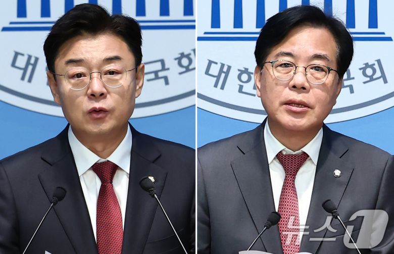 국민의힘 김성원(왼쪽), 송언석 의원이 12일 오전 서울 여의도 국회 소통관에서 각각 원내대표 출마 기자회견을 하고 있다. 2025.6.12/뉴스1 ⓒ News1 김민지 기자