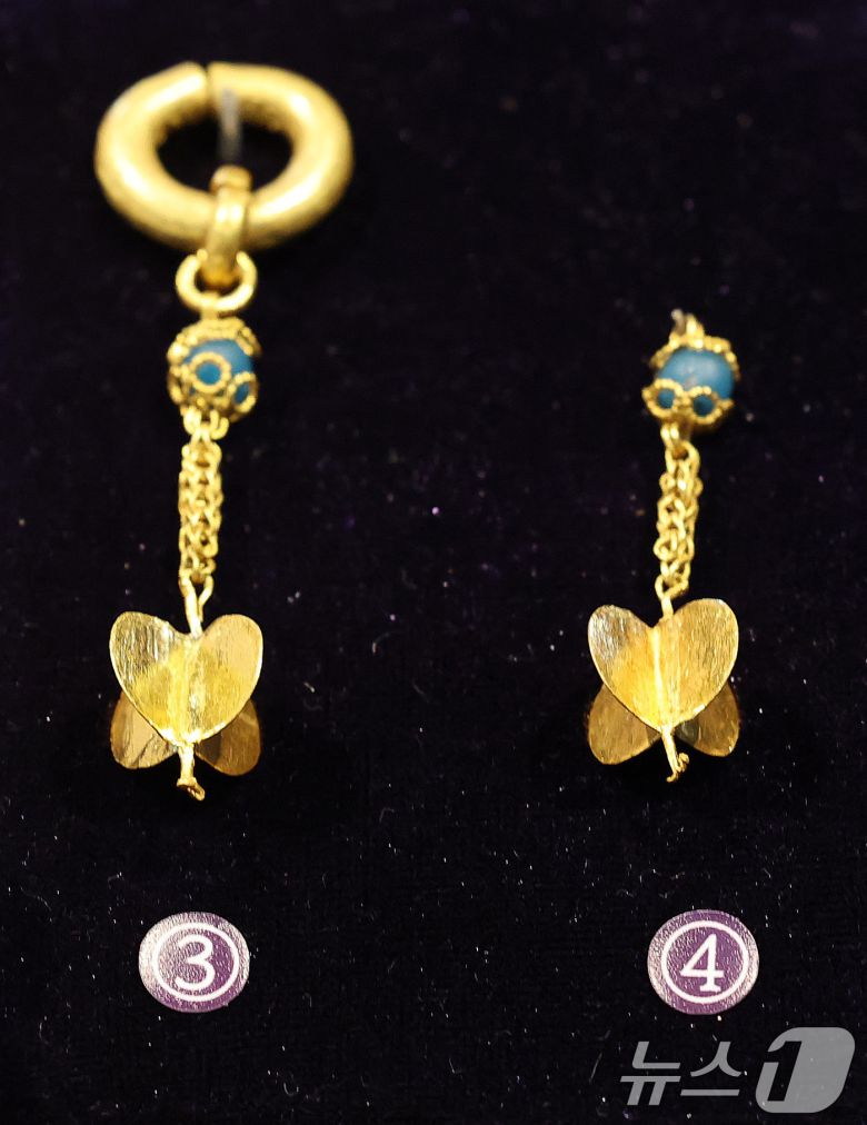 17일 서울 중구 한국의집에서 열린 ‘공주 무령왕릉과 왕릉원 조사성과’ 언론공개회에서 출토된 유물인 귀걸이와 백제 23대왕 삼근왕의 어금니로 추정되는 치아를 공개하고 있다. 국가유산청 국립부여문화유산연구소는 23년 9월부터 1-4호분에 대한 발굴조사를 진행해 왕족의 장신구와 삼근왕의 어금니로 추정되는 치아 등을 발굴 했다고 밝혔다. 2025.6.17/뉴스1 ⓒ News1 박세연 기자