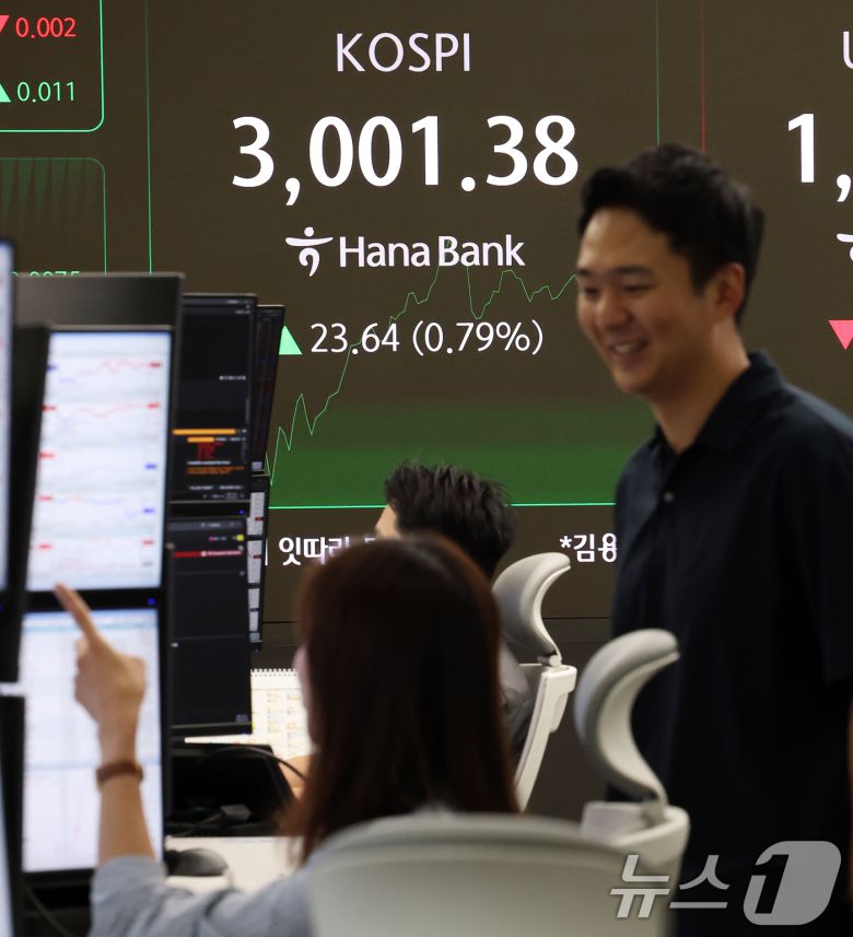 코스피가 3년 6개월 여 만에 장중 3000선을 돌파한 20일 오전 서울 중구 하나은행 본점 딜링룸 전광판에 코스피 지수가 표시되고 있다. 2025.6.20/뉴스1 ⓒ News1 오대일 기자