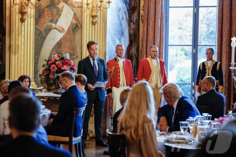 마크 뤼터 나토 사무총장이 24일(현지시간) 네덜란드 헤이그 하우스텐보스궁에서 열린 북대서양조약기국 회원국 정상 만찬에서 연설을 하고 있다.  ⓒ AFP=뉴스1