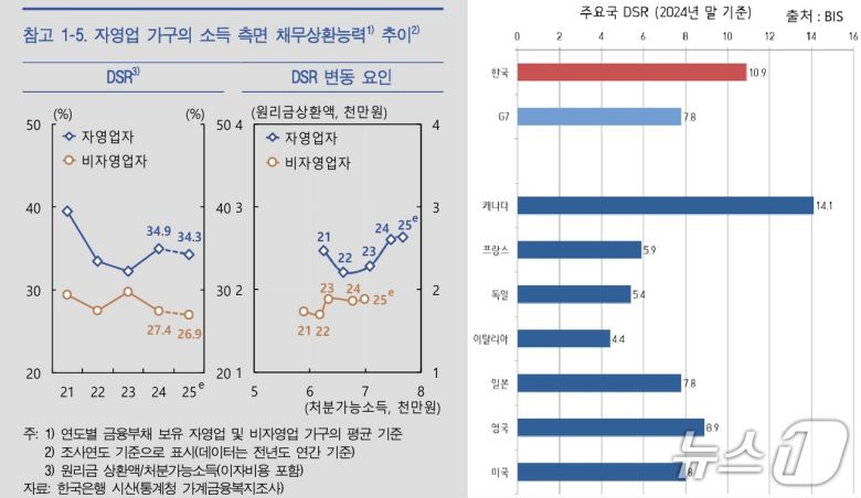 (좌측 : 한국은행 6월 금융안정보고서, 우측 : BIS Debt service ratios)