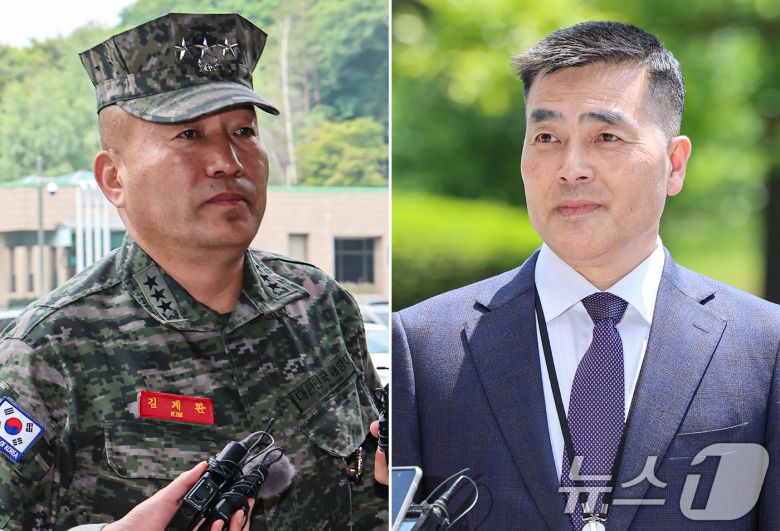 김계환 전 해병대사령관(사진 왼쪽)과 박정훈 전 해병대 수사단장(대령)이 지난해 5월 경기 과천시 정부과천청사 고위공직자범죄수사처에 순직해병수사외압 의혹 관련 조사를 받기 위해 출석했다. 2024.5.21/뉴스1 ⓒ News1 김도우 기자