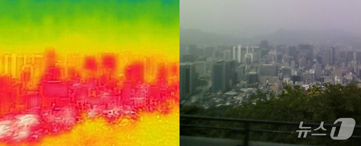 서울 전역에 올 여름 첫 폭염경보가 발령된 7일 서울 남산에서 열화상 카메라로 바라본(왼쪽 사진) 서울 도심이 높은 온도로 빨갛게 보이고 있다.  2025.7.7/뉴스1 ⓒ News1 이승배 기자