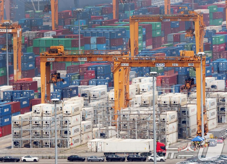 8일 경기 평택시 포승읍 평택항에 수출용 컨테이너들이 세워져 있는 모습. 2025.7.8/뉴스1 ⓒ News1 김영운 기자