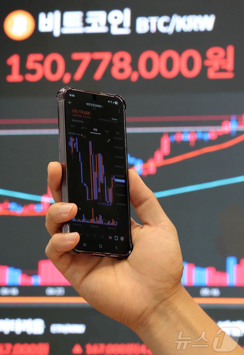 10일 오후 서울 강남구 서초구 빗썸라운지 강남본점 전광판에 비트코인 거래 가격이 표시되고 있다.  2025.7.10/뉴스1 ⓒ News1 김진환 기자