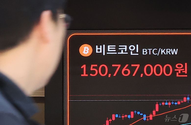10일 오후 서울 강남구 서초구 빗썸라운지 강남본점 전광판에 비트코인 거래 가격이 표시되고 있다.  2025.7.10/뉴스1 ⓒ News1 김진환 기자