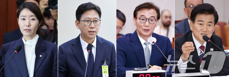 강선우 여성가족부 장관 후보자(왼쪽부터), 배경훈 과학기술정보통신부 장관 후보자, 전재수 해양수산부 장관 후보자, 정동영 통일부 장관 후보자가 14일 서울 여의도 국회에서 열린 인사청문회에 출석해 발언하고 있다. 이재명 정부 초대 장관 후보자들에 대한 인사청문회가 이날부터 오는 18일까지 진행된다. 2025.7.14/뉴스1 ⓒ News1 김민지 기자,이광호 기자,유승관 기자,안은나 기자