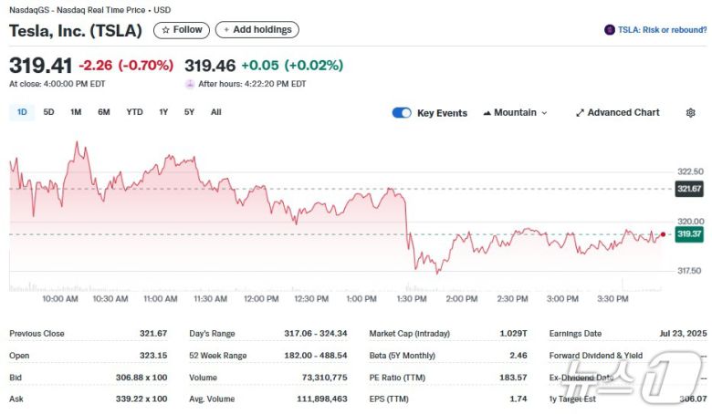 테슬라 일일 주가추이 - 야후 파이낸스 갈무리