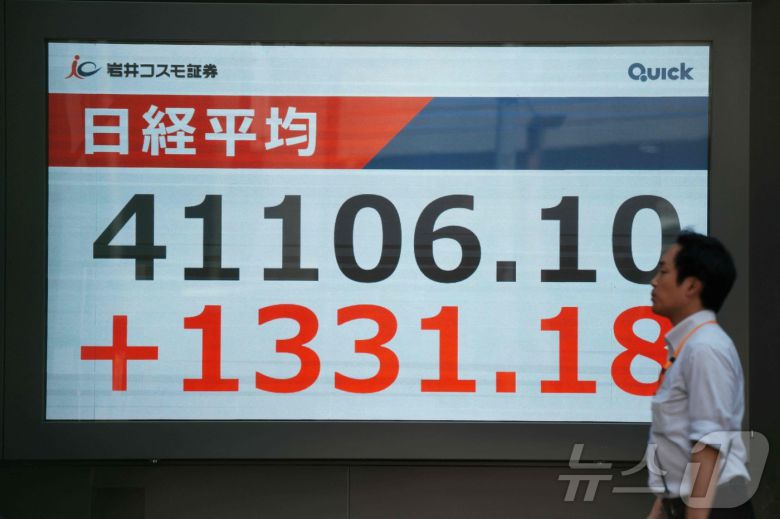 23일 일본 도쿄 증권거래소의 닛케이 평균 주가를 표시하는 전광판 앞을 한 남성이 지나가고 있다. 도쿄 증시는 이날 일본과 미국이 도널드 트럼프 대통령이 부과한 관세를 대폭 인하하는 무역 협정을 마무리 지으면서 급등했다.2025.07.23. ⓒ AFP=뉴스1 ⓒ News1 권영미 기자