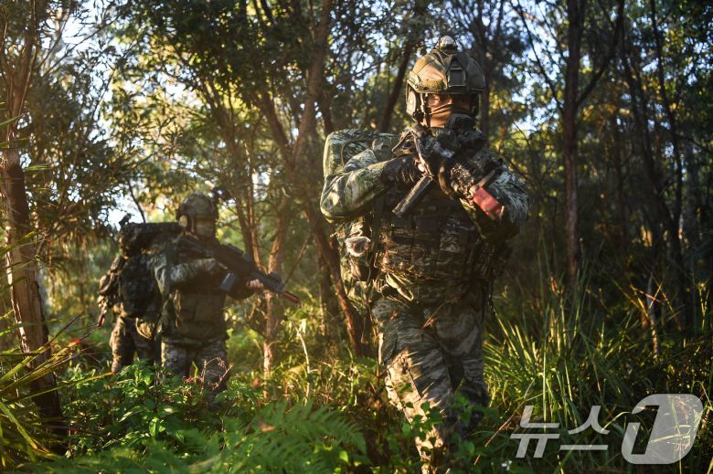 해병대는 지난 27일까지 호주 북동부 일대에서 미국, 호주 등과 함께 '25년 탈리스만 세이버 연합훈련'에 참가해 연합작전 수행능력을 향상했다고 28일 밝혔다. 탈리스만세이버 훈련 간 해병대 수색팀이 적지종심작전을 펼치고 있다. (해병대사령부 제공. 재판매 및 DB 금지) 2025.7.28/뉴스1