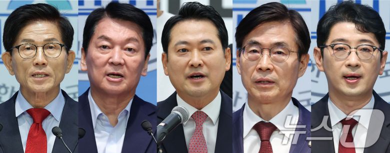 국민의힘 선거관리위원회는 8월 22일 치러질 전당대회의 예비경선에 당대표 후보 5인, 최고위원 후보 11인, 청년 최고위원 후보 4인이 진출한다고 1일 밝혔다. 왼쪽부터 가나다순으로 김문수, 안철수, 장동혁, 조경태, 주진우 당대표 후보. 2025.8.1/뉴스1 ⓒ News1 유승관 기자