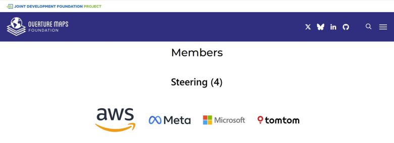 '오버추어 지도 재단'(Overture Maps Foundation)과 소속 기업 목록 (오버추어 지도 재단 공식 홈페이지 갈무리)
