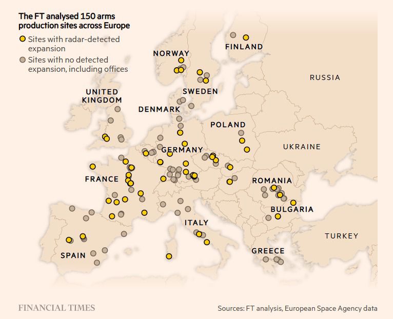 최근 확장세를 보여주는 유럽내 군수시설. 노란 동그라미가 이에 해당한다. (FT 갈무리)