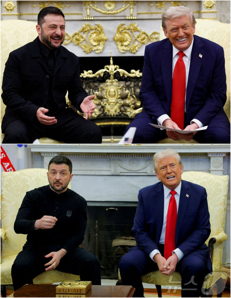 도널드 트럼프 미국 대통령과 볼로디미르 젤렌스키 우크라이나 대통령의 2025년 2월 28일(아래) 백악관 정상회담 장면과 8월 18일 정상회담 장면.  젤렌스키 대통령이 정장을 입지 않은 2월28일 회담과 입은 8월18일 회담의 분위기 차이를 사진에서도 느낄 수 있다. 2025.08.18. ⓒ 로이터=뉴스1 ⓒ News1 권영미 기자