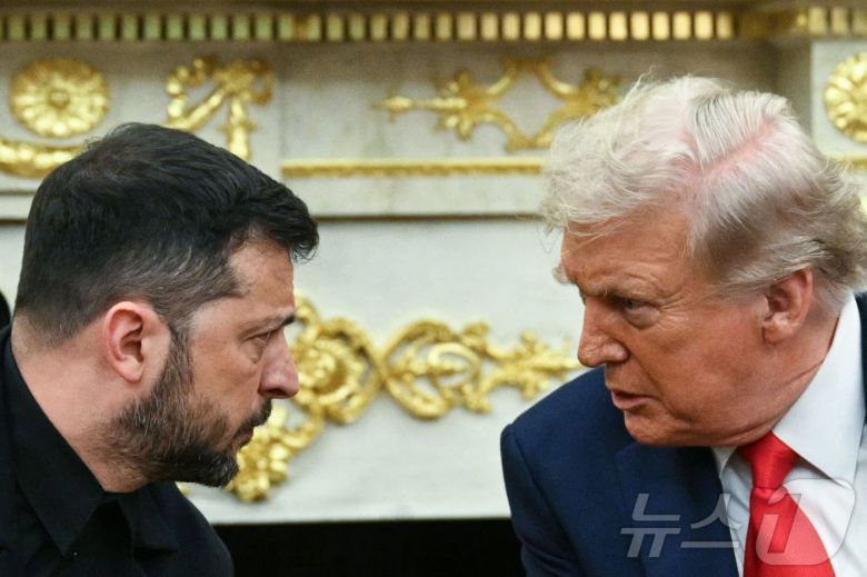 도널드 트럼프 미국 대통령과 볼로디미르 젤렌스키 우크라이나 대통령이 18일(현지시간) 워싱턴DC 백악관 오벌오피스에서 러시아-우크라이나 전쟁 종식안 논의를 위한 회담 전 기자들의 질문에 답하며 대화하고 있다. 2025.08.18. ⓒ AFP=뉴스1 ⓒ News1 류정민 특파원